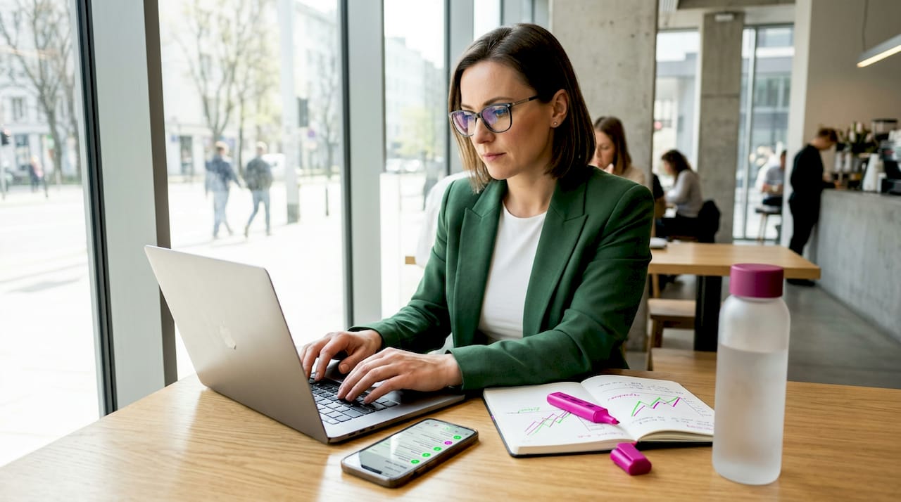Trader using MetaTrader on laptop workspace