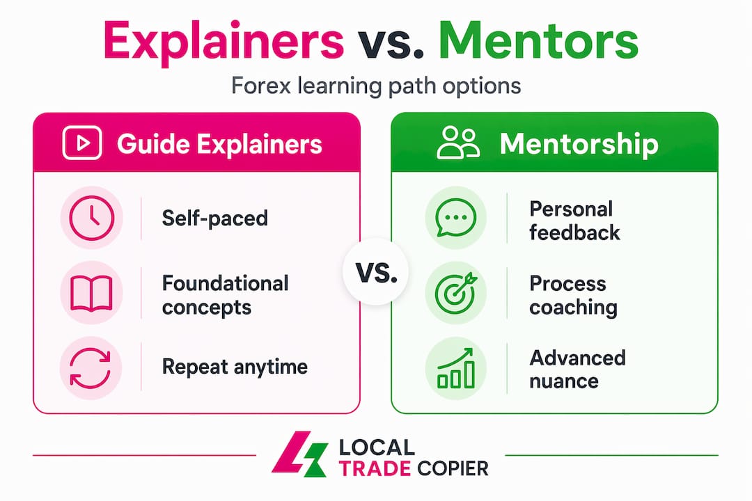 Infographic comparing explainers and mentorship in forex