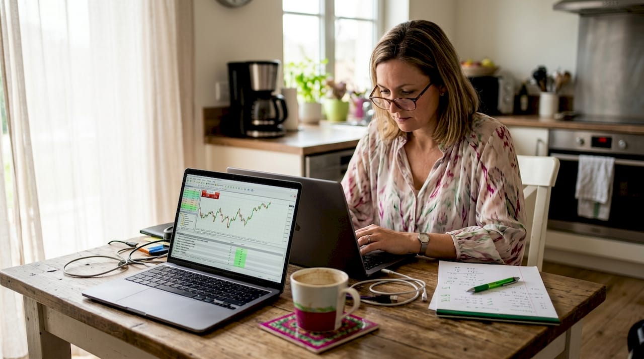 Woman testing trade copy workflow on laptops