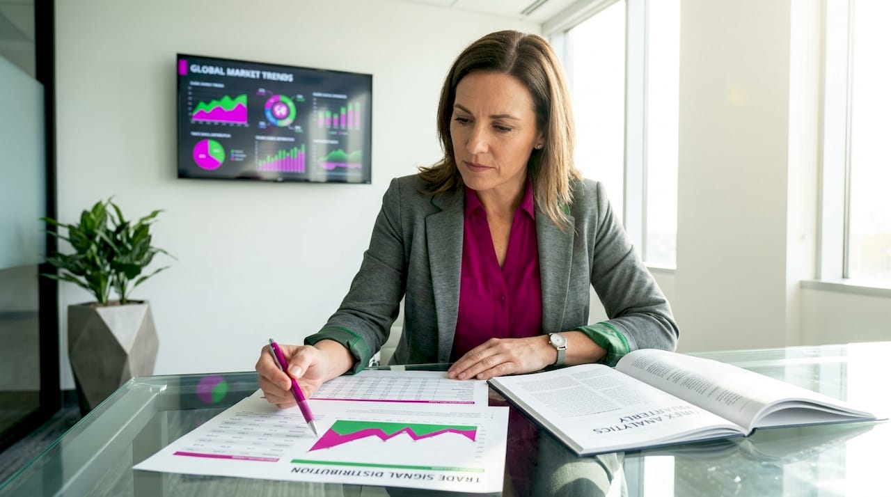 Trader analyzing forex trade signal distribution graphs