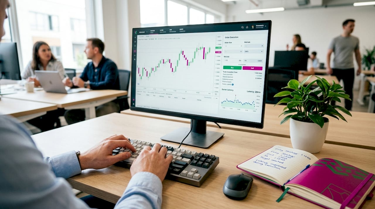 Hands typing on keyboard with trading platform and latency data
