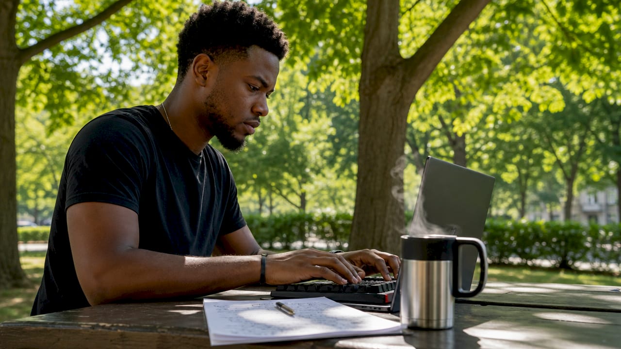 Trader hands typing near risk notes