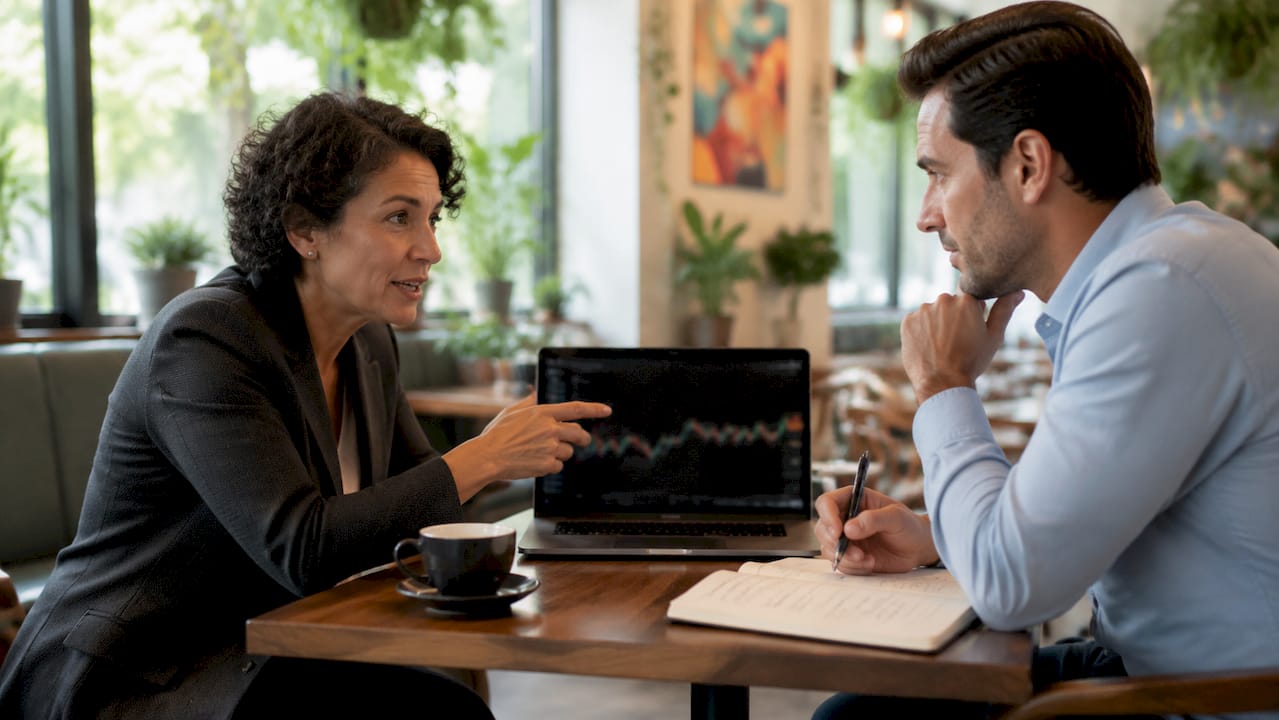 Two analysts discussing forex automation risks in office