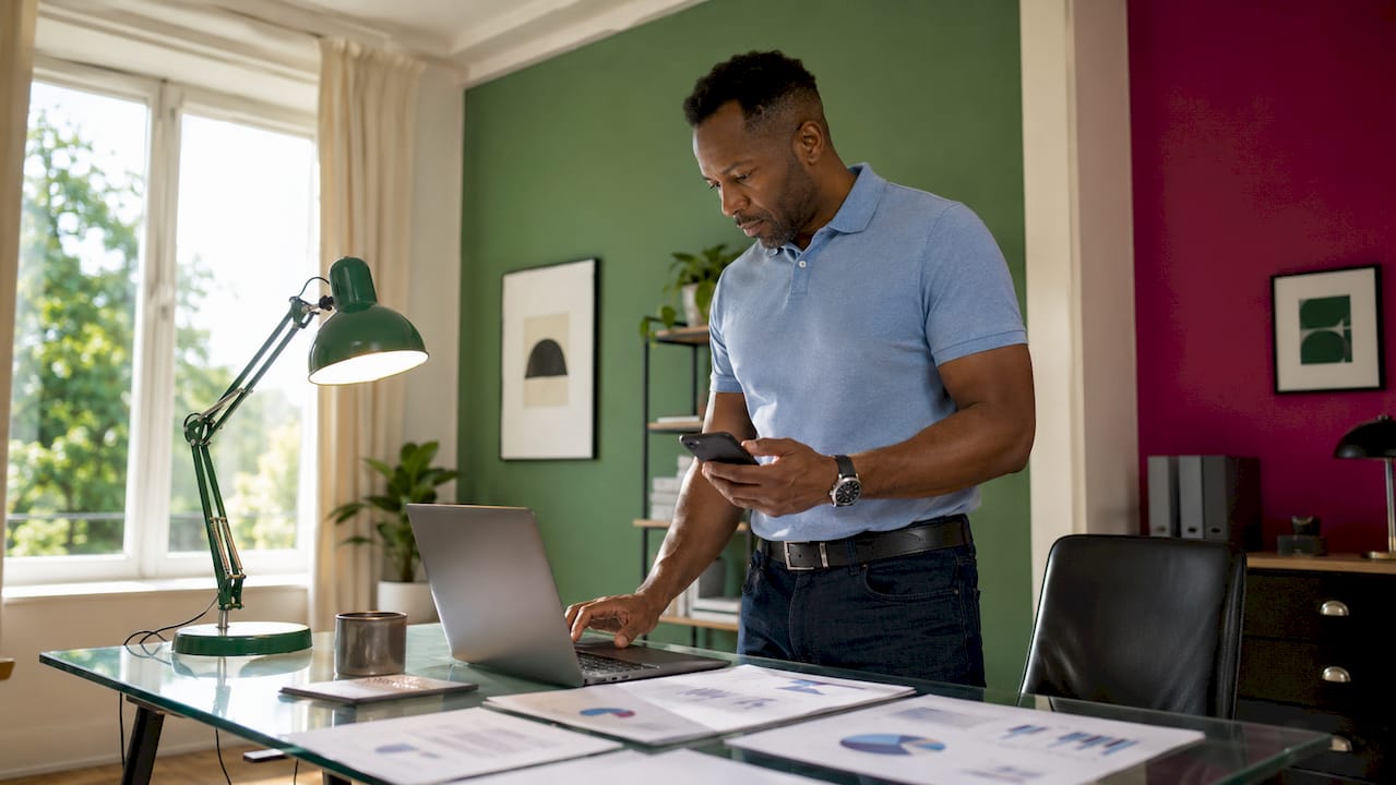 Account manager working at home office desk