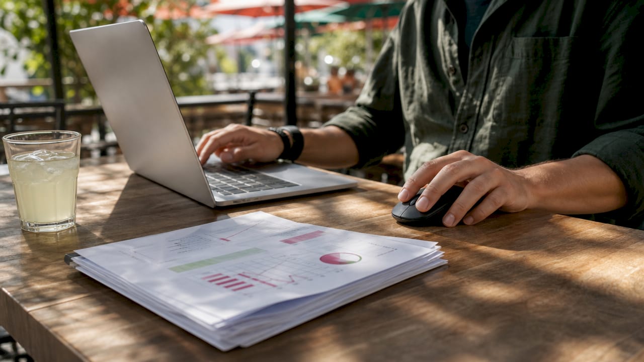 Trader’s hands measuring round-trip time with papers and devices