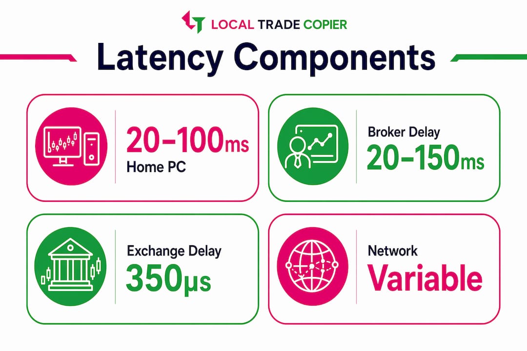 Infographic showing latency components with typical ranges and drivers