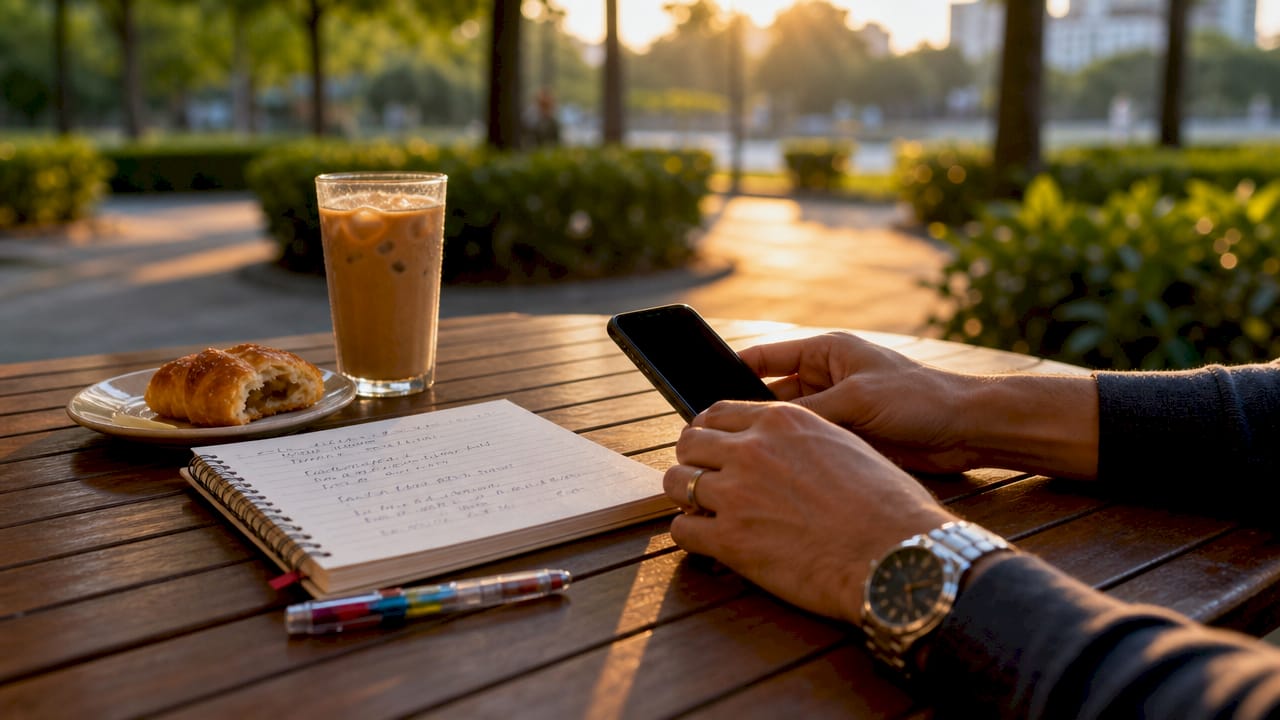Hands holding phone reviewing trading strategies