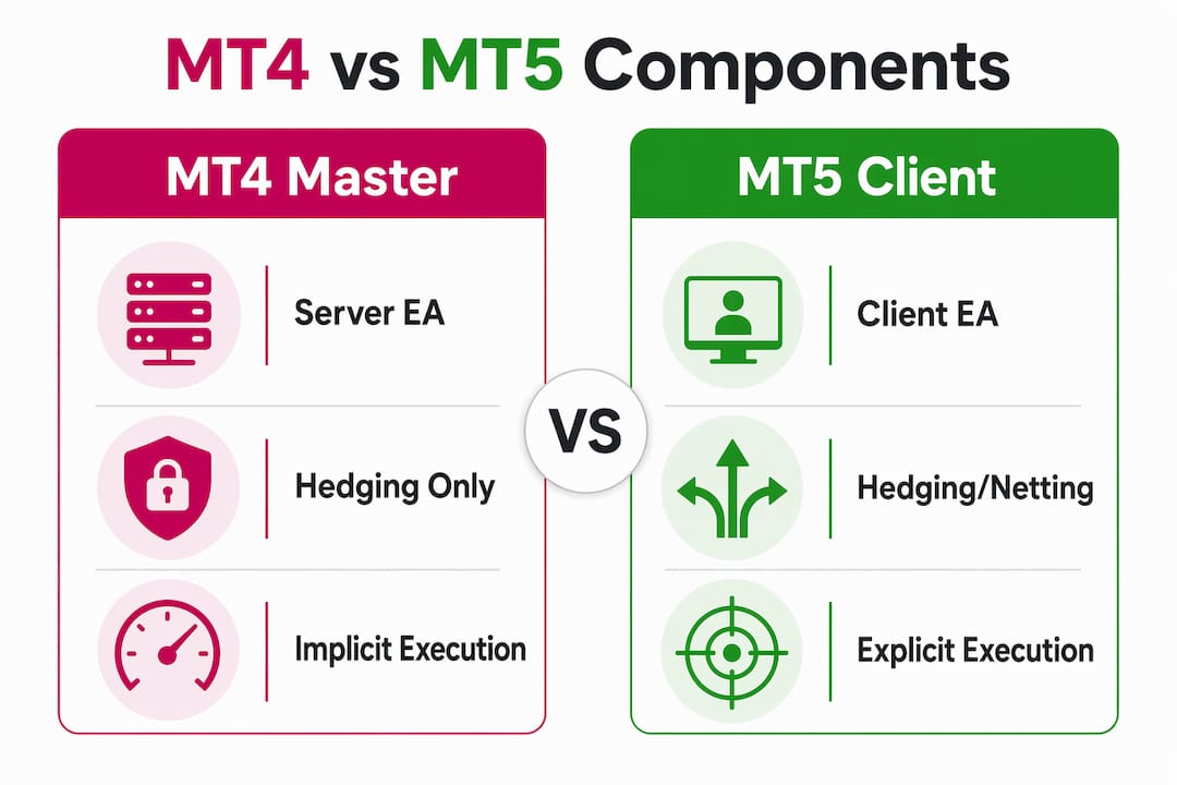 Comparison infographic of MT4 and MT5 trade replication features