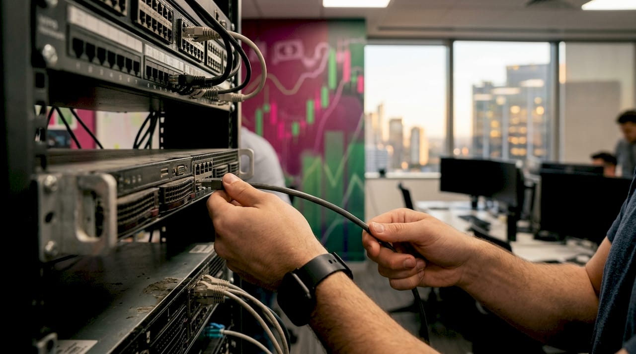 Hands connecting Ethernet cable to VPS server