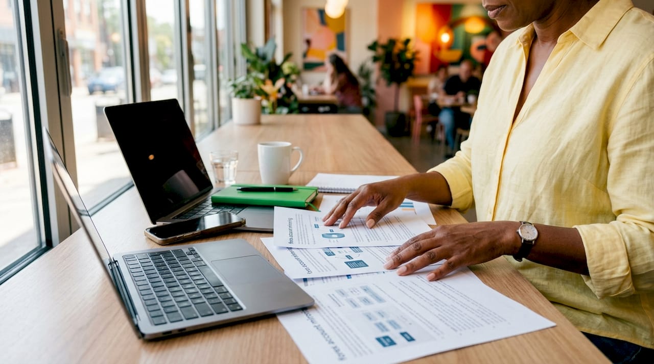 Hands and laptop with forex mirroring documents