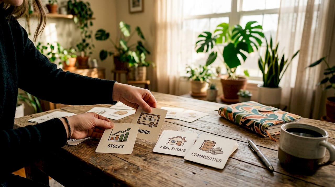 Hands sorting asset class cards on table