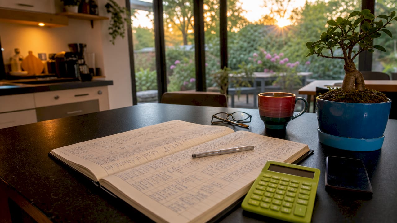 Overhead view of trade journal with tools on desk
