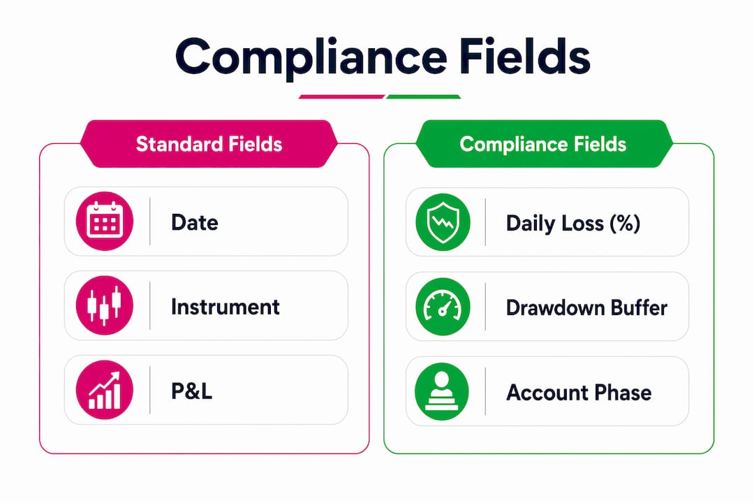 Infographic comparing standard and compliance fields in trade journaling