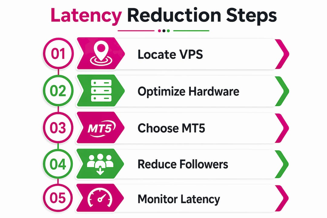 Infographic displaying steps to reduce trade copier latency