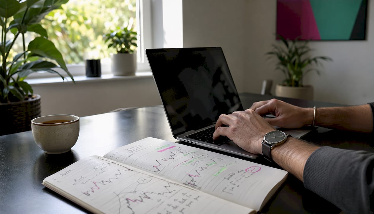 Hands typing at desk with forex strategy printout