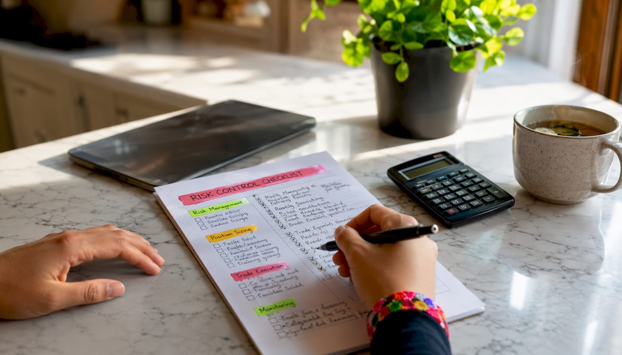 Hands with pen reviewing trading risk controls checklist