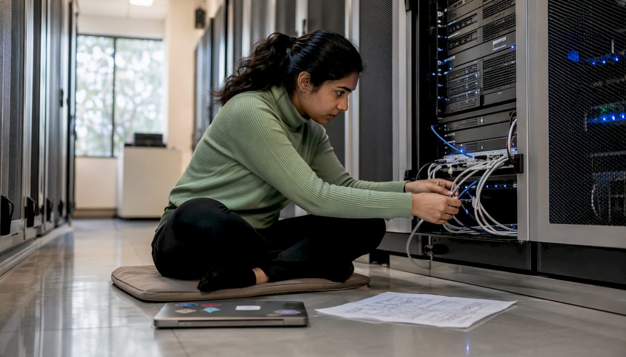 Technician configuring VPS server in data center