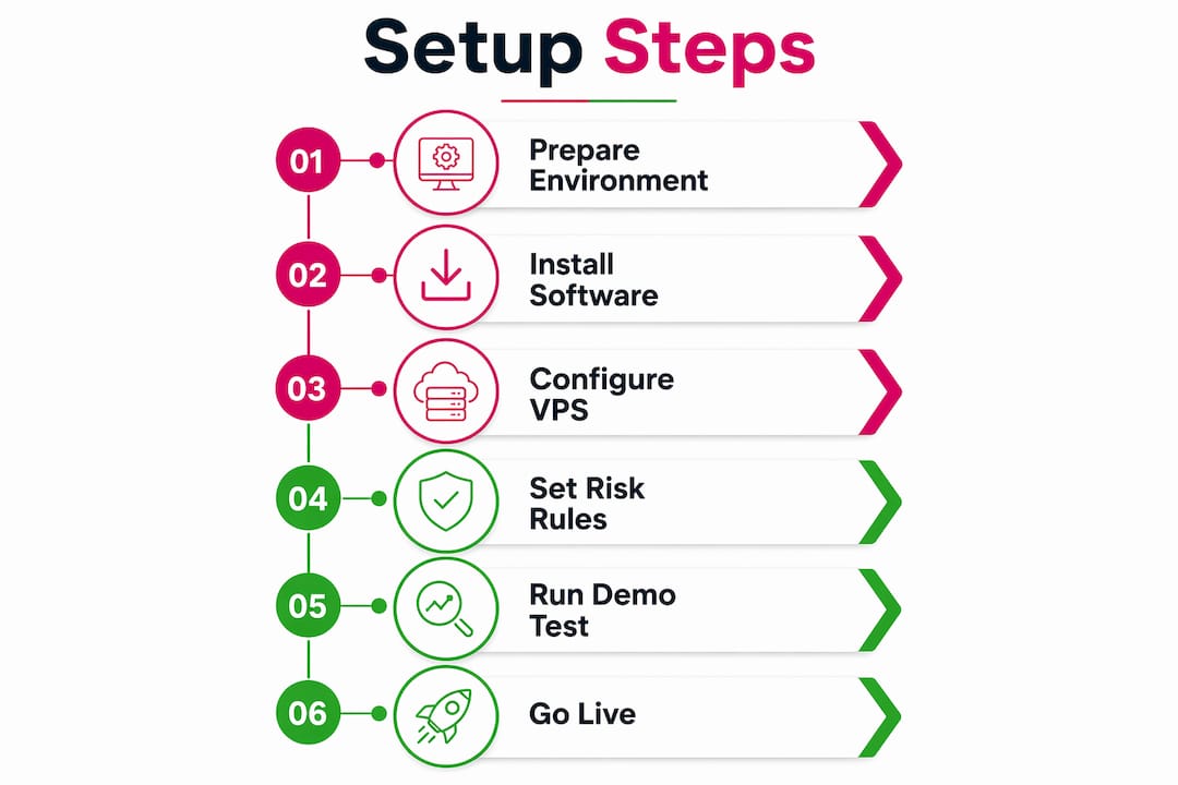 Infographic showing step-by-step setup guide for prop firm copier
