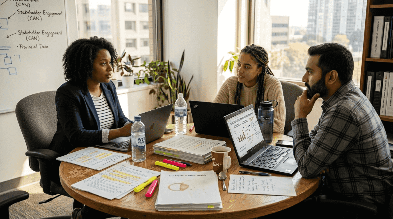 Analysts debating multiple perspectives around table