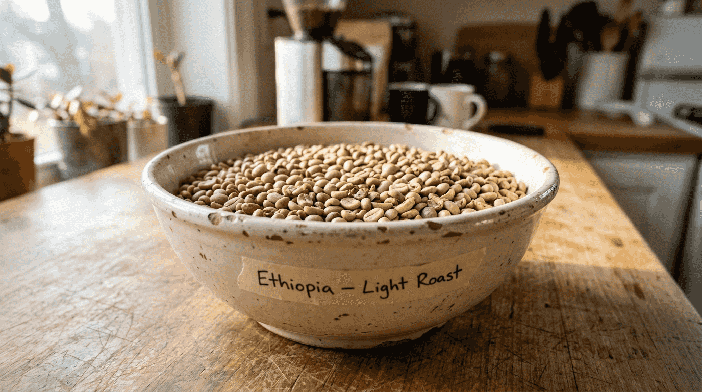 Light roast coffee beans in ceramic bowl