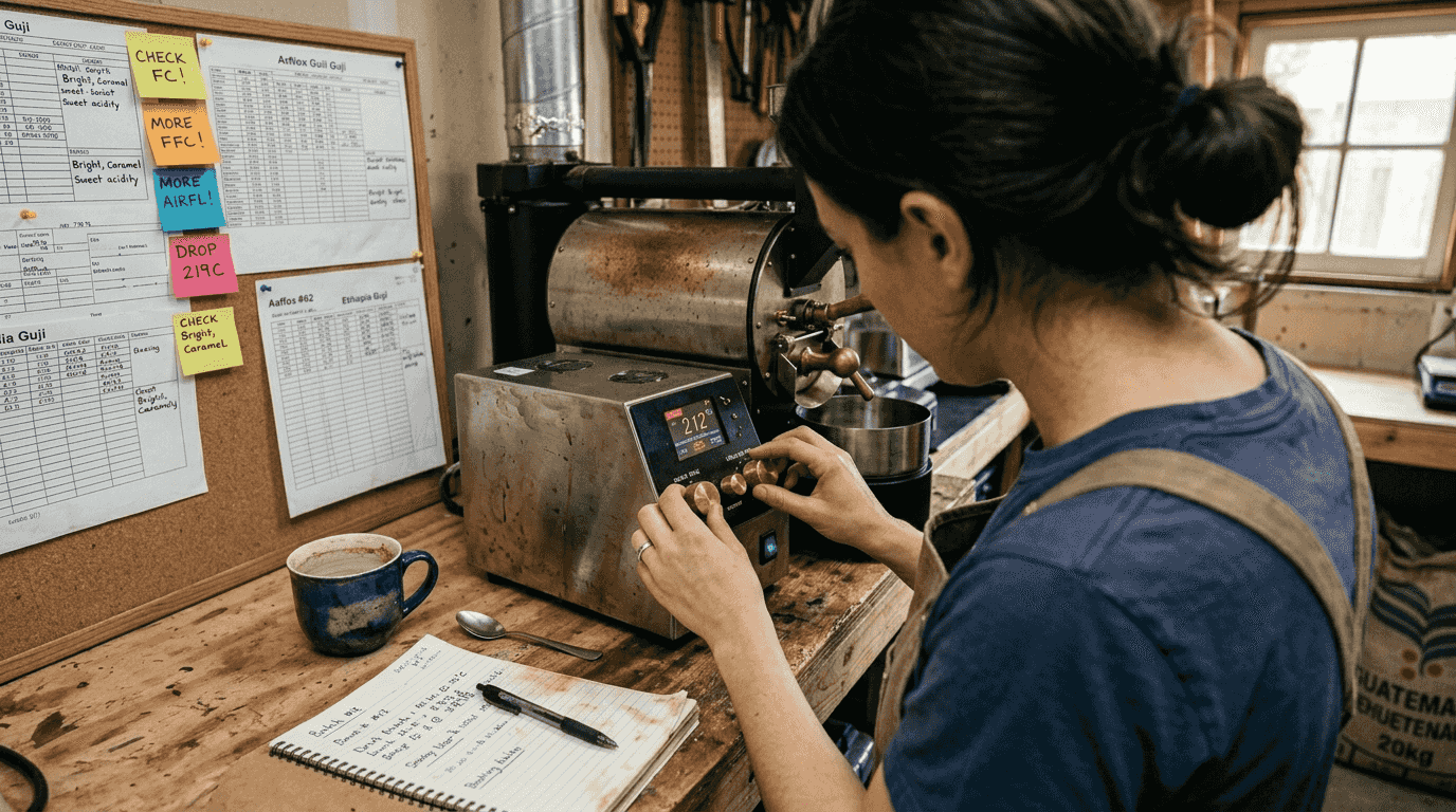 Woman adjusting roasting profile settings