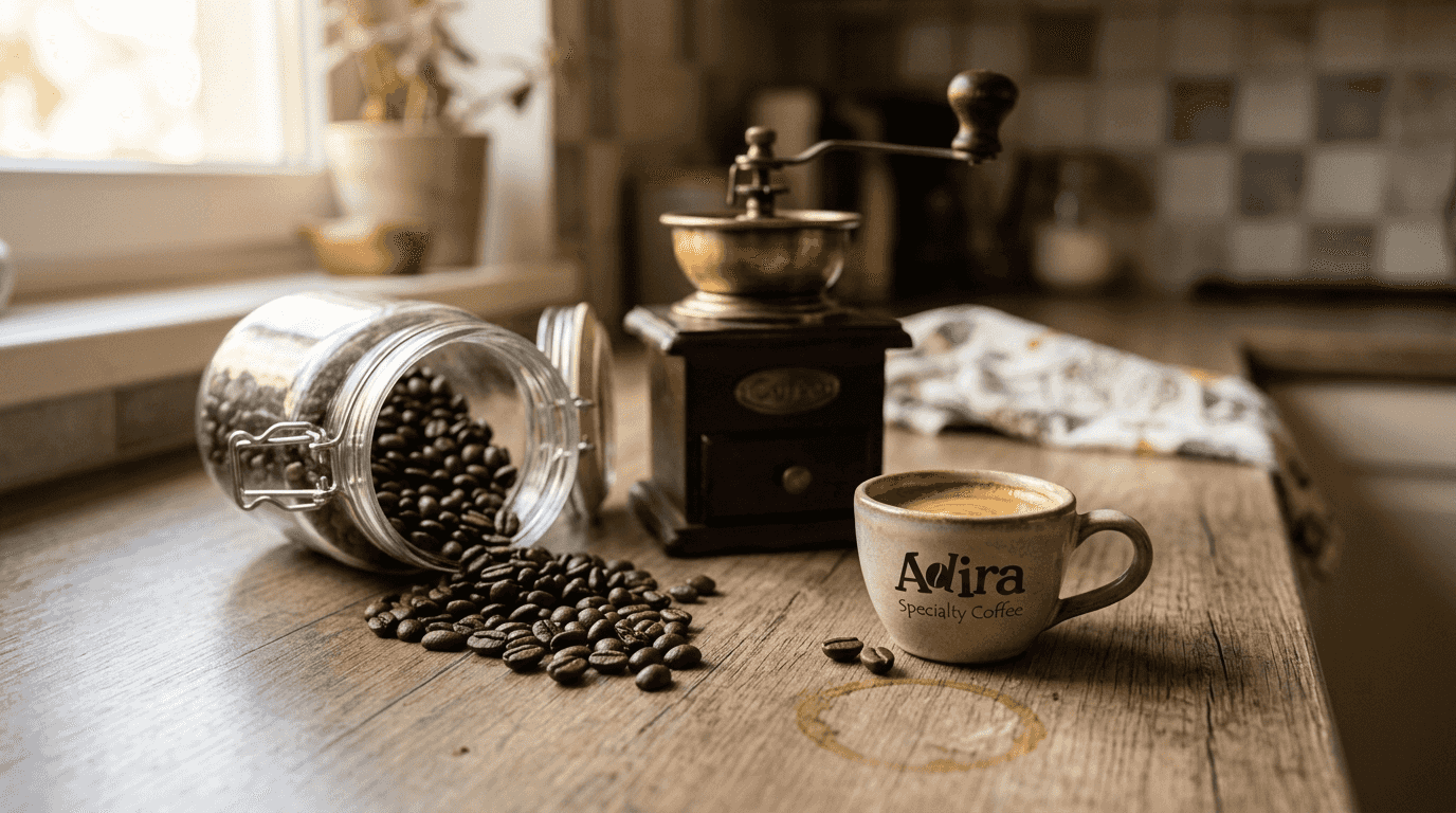 Espresso beans, grinder, and brewed cup closeup