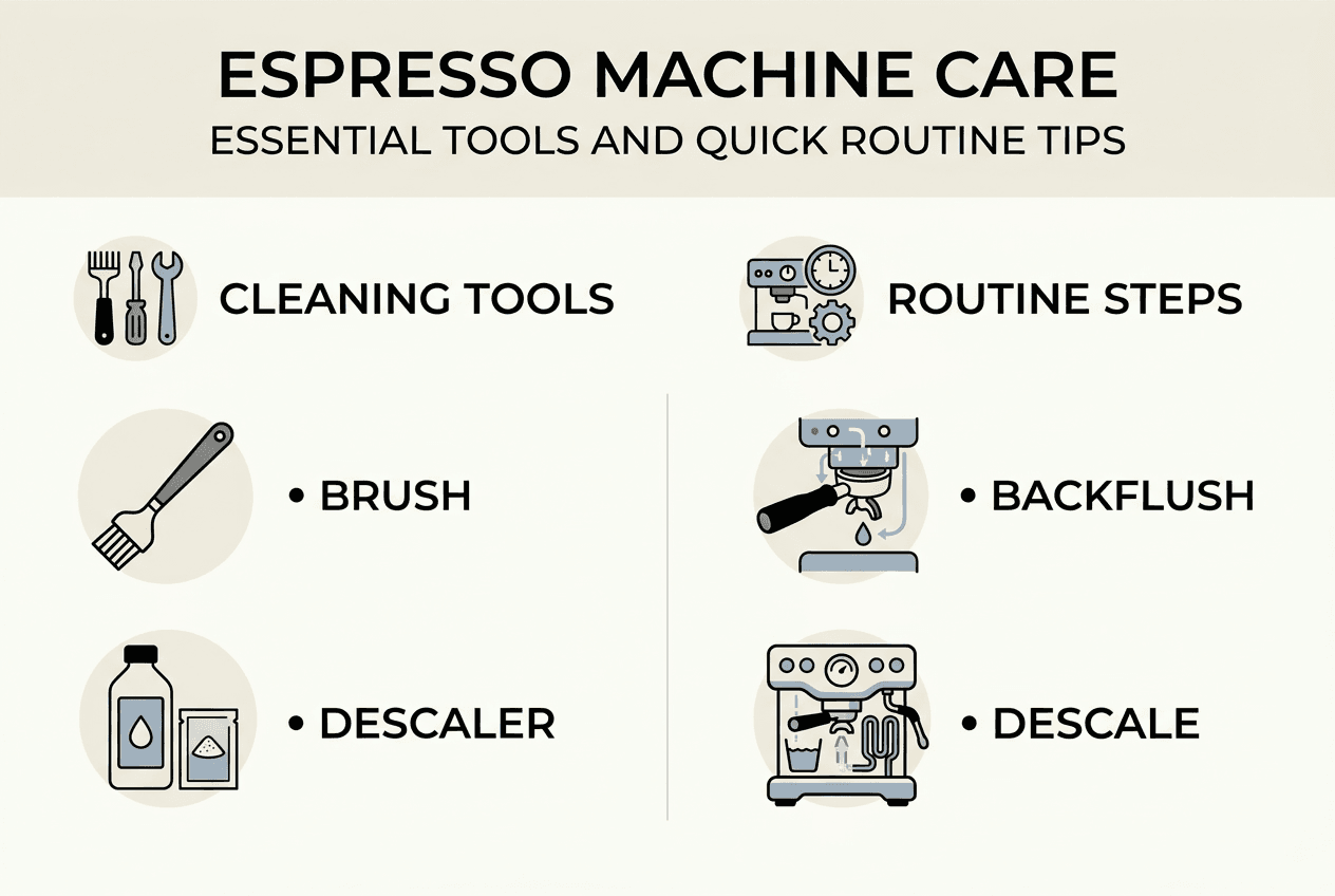 Infographic on espresso cleaning tools and steps