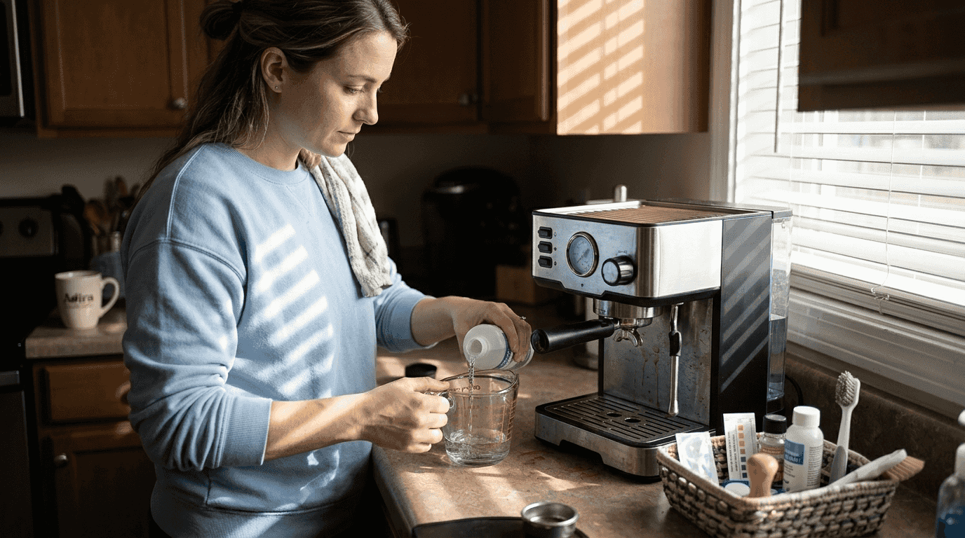 Woman preparing to descale espresso machine