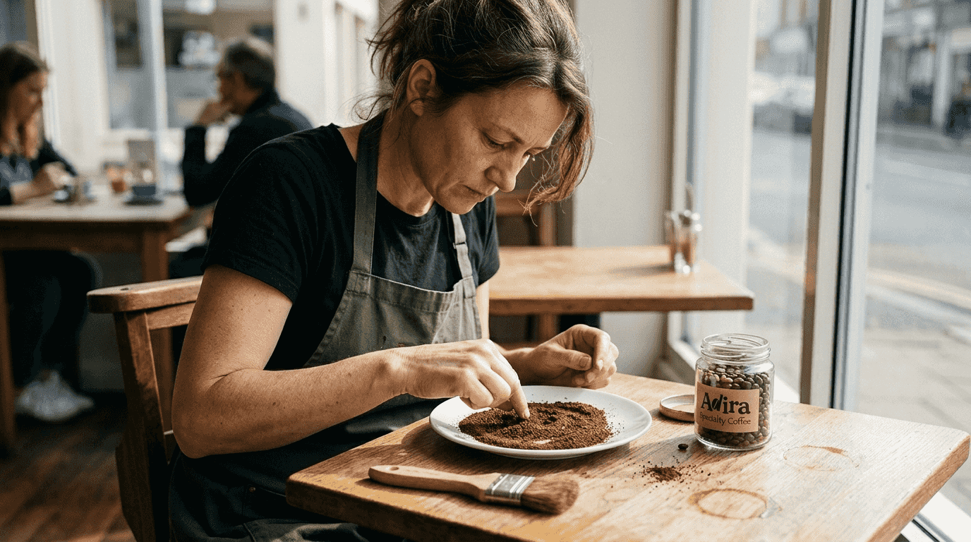 Woman checking coffee grounds consistency on plate