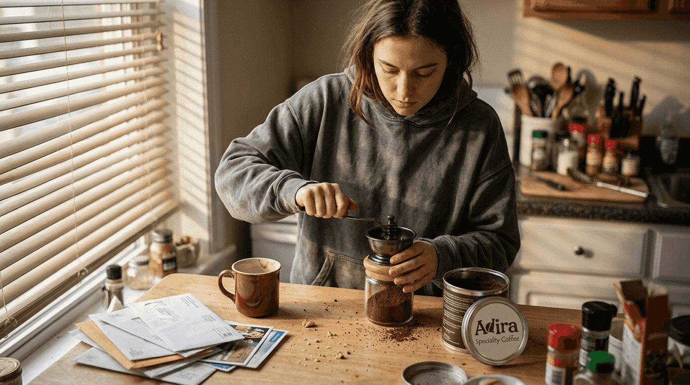 Woman grinding beans in home kitchen