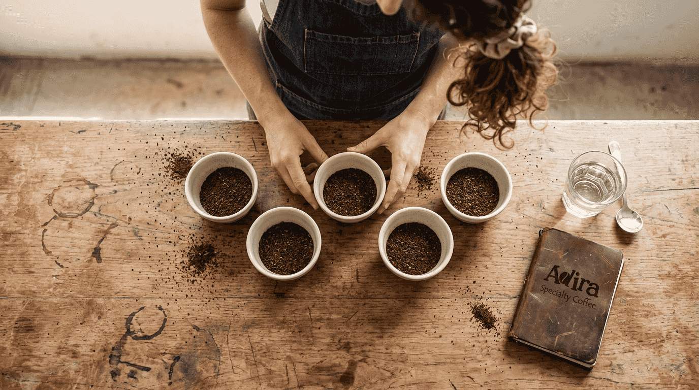 Barista arranging Ethiopian coffee cupping bowls