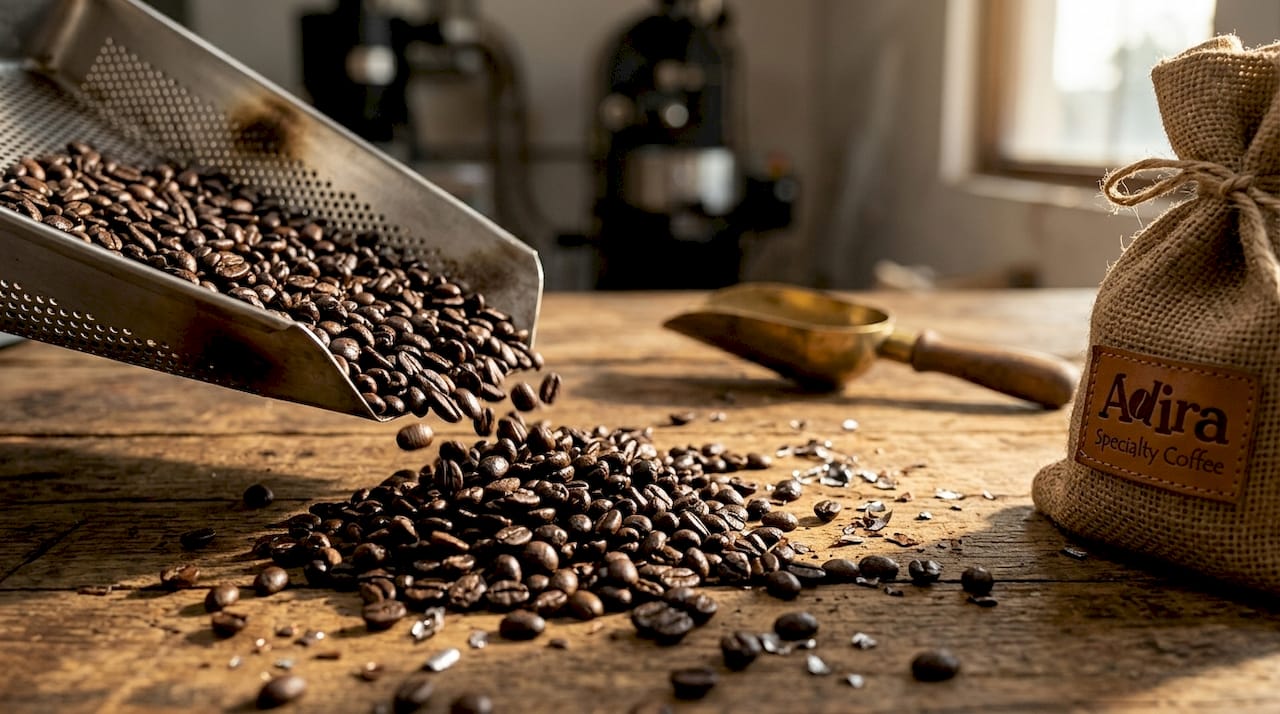 Close-up of dark roast coffee beans