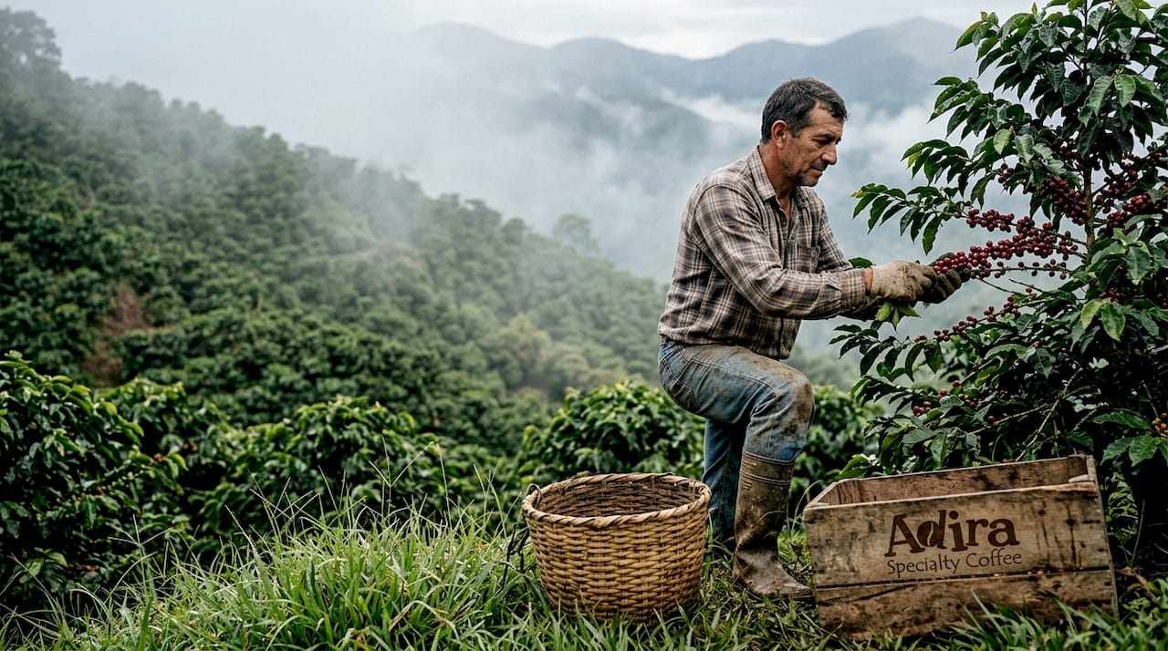 Farmer examining coffee plants on hillside