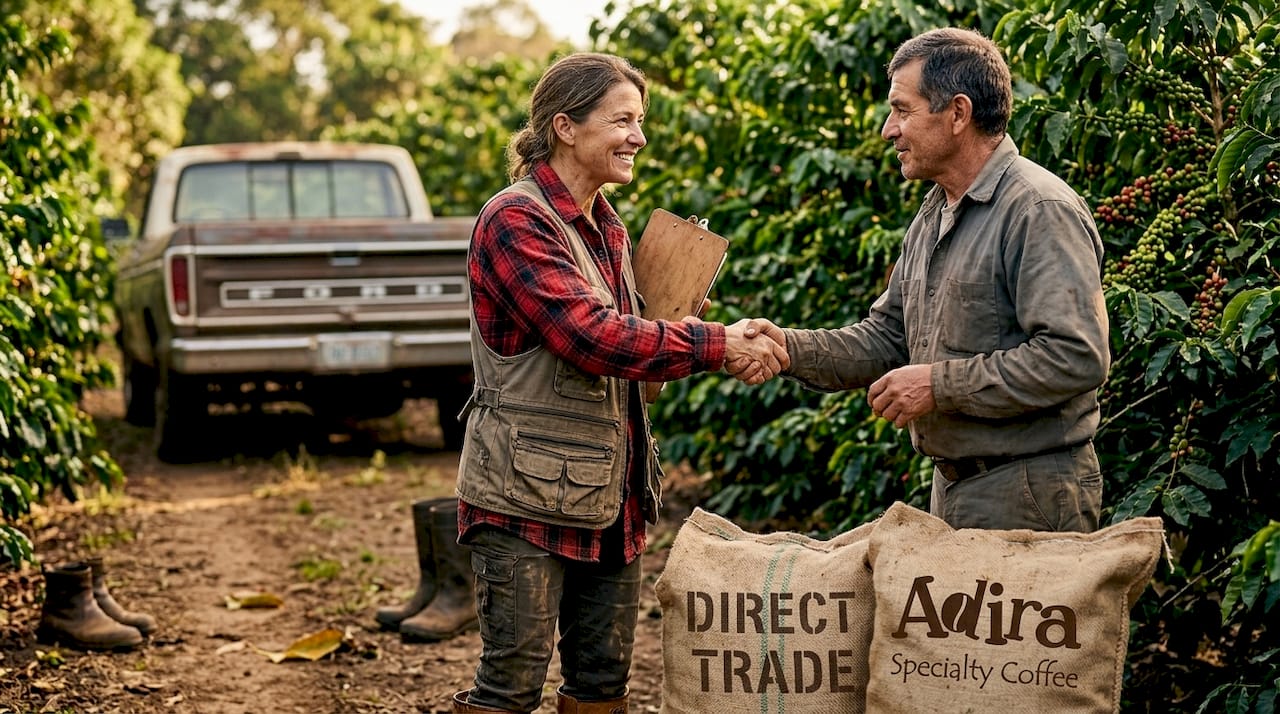 Roaster and coffee farmer handshake on farm
