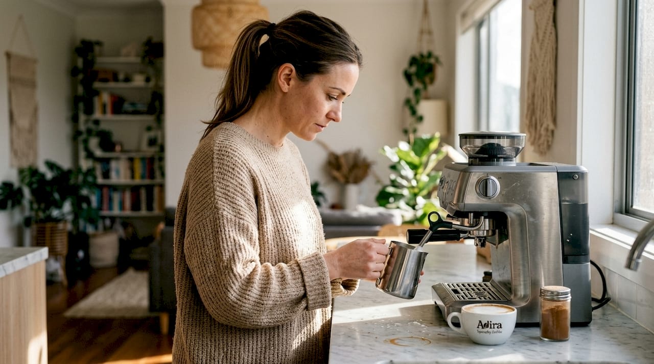 Woman frothing milk for cappuccino at home