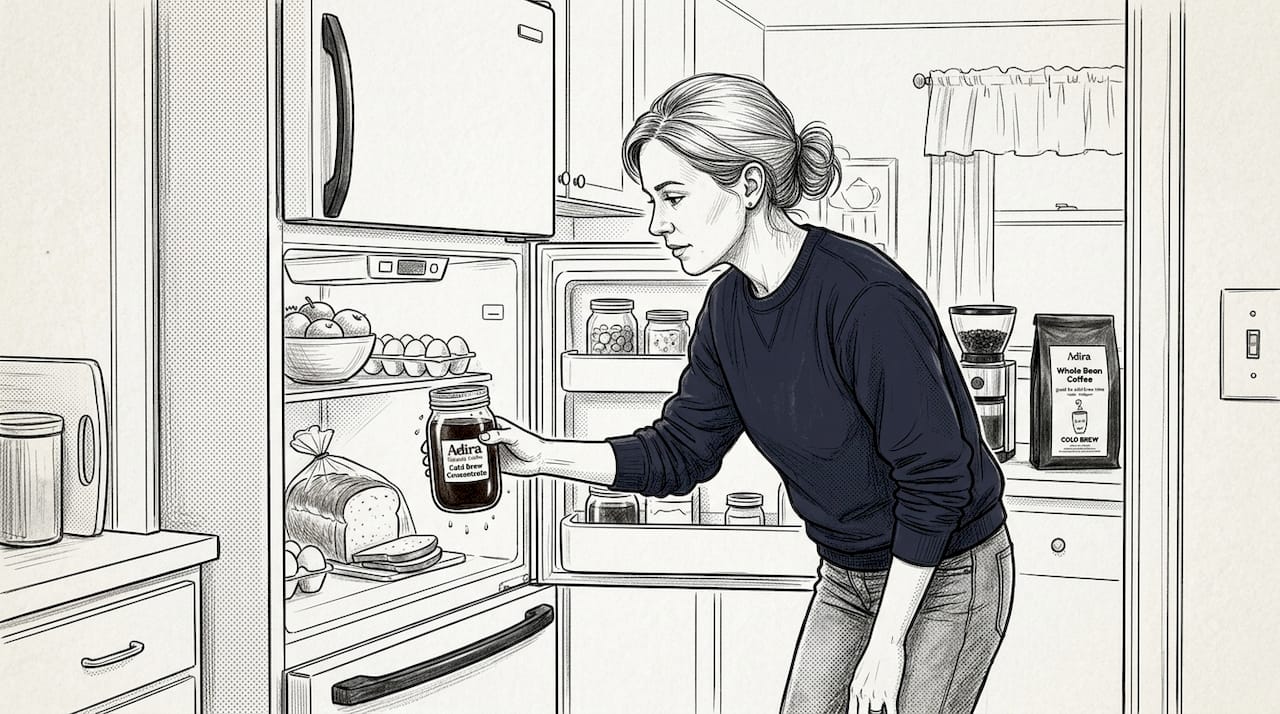 Woman placing cold brew in refrigerator