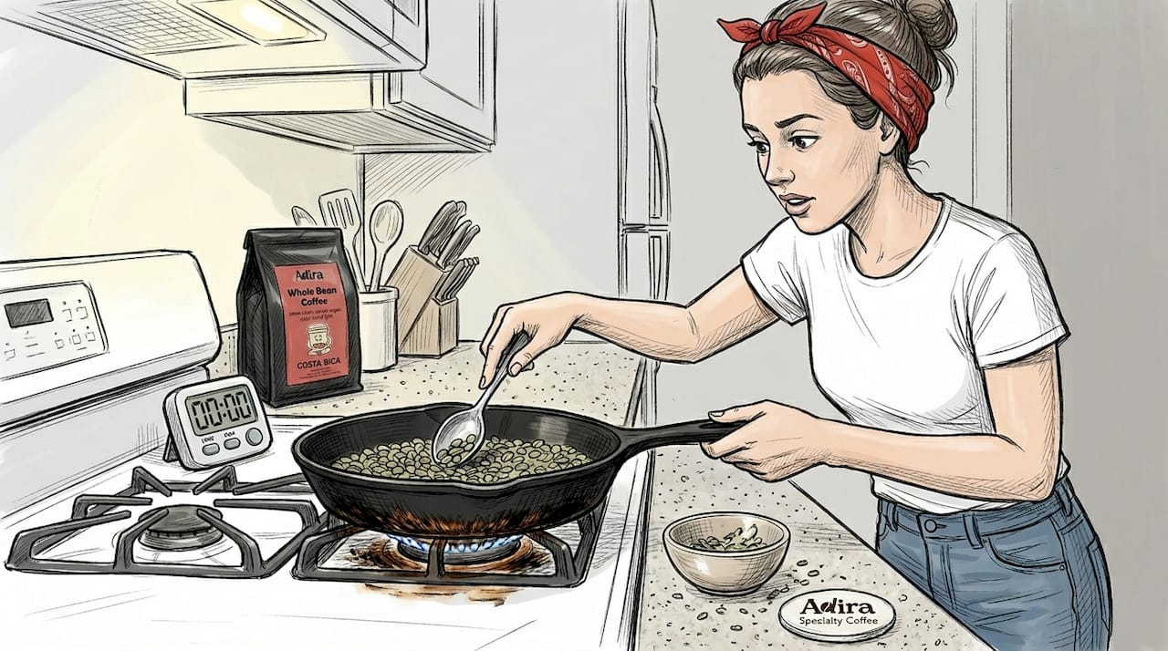 Woman roasting coffee beans in skillet at home