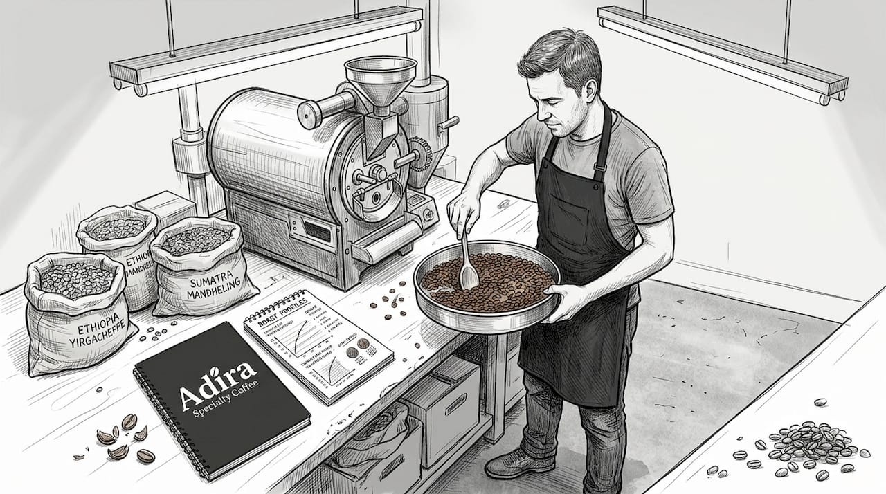 Roaster inspecting beans in coffee workspace