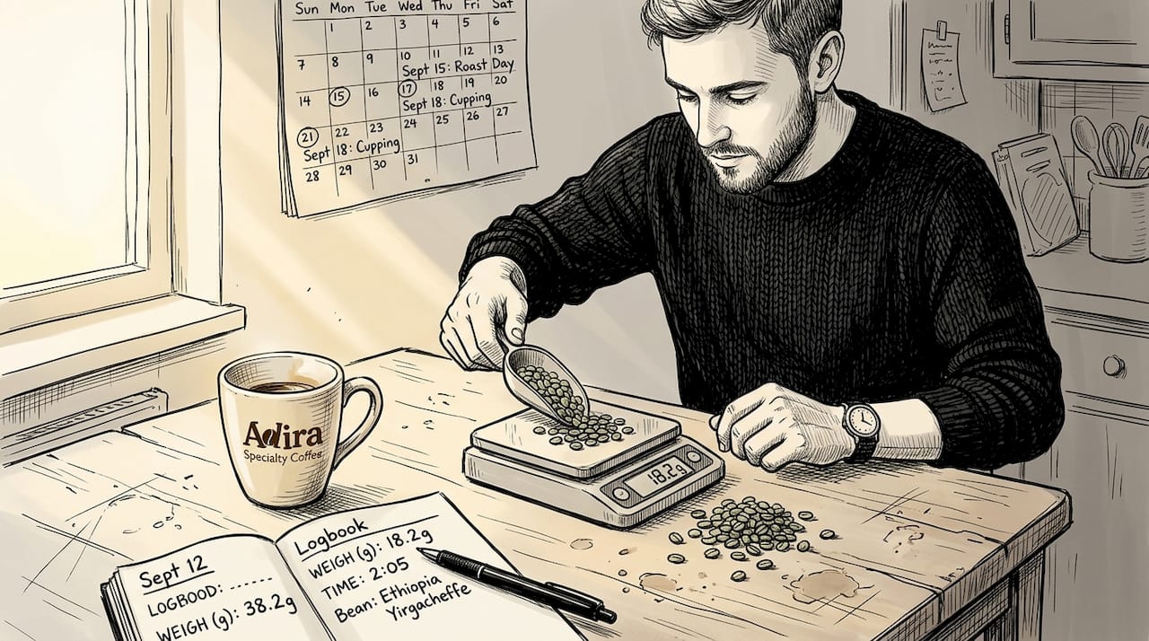 Man weighing coffee beans for roasting