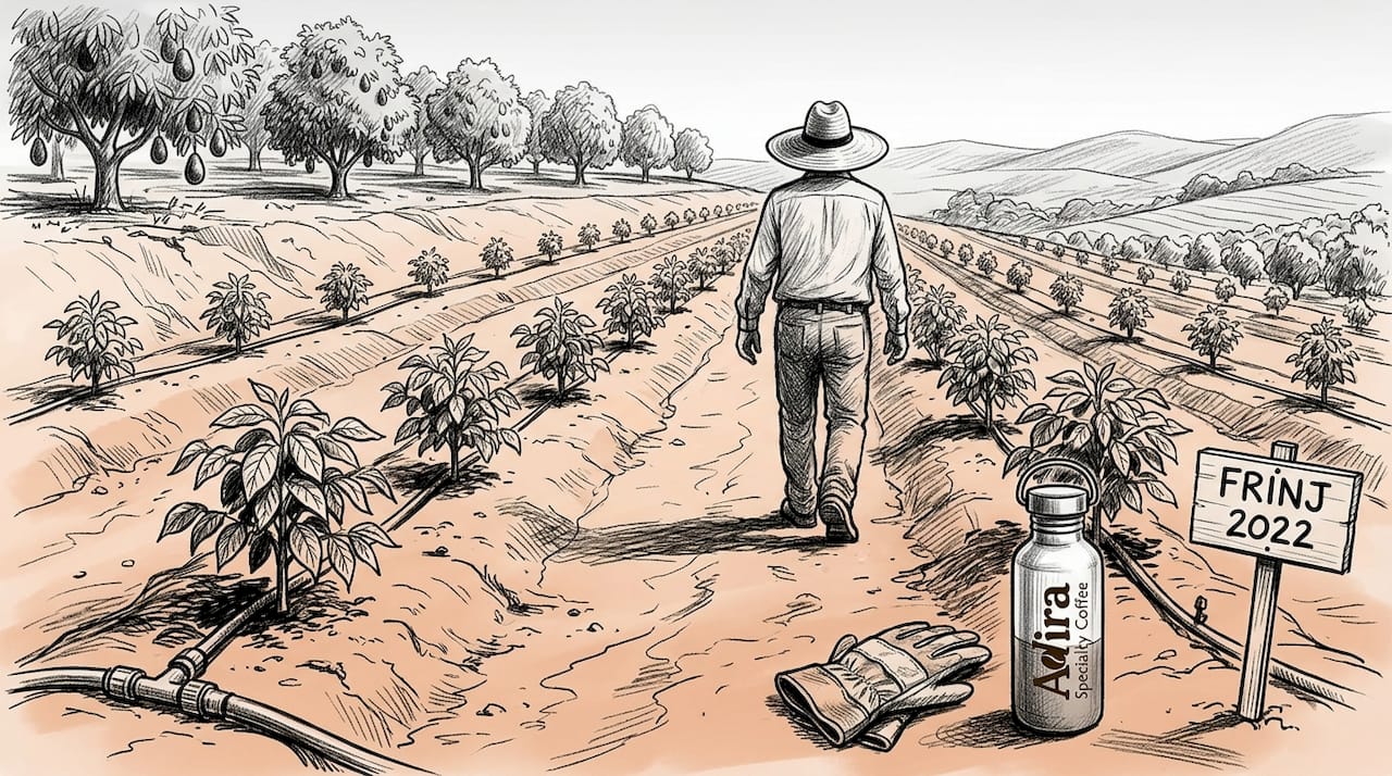 Worker walking between Southern California coffee plants
