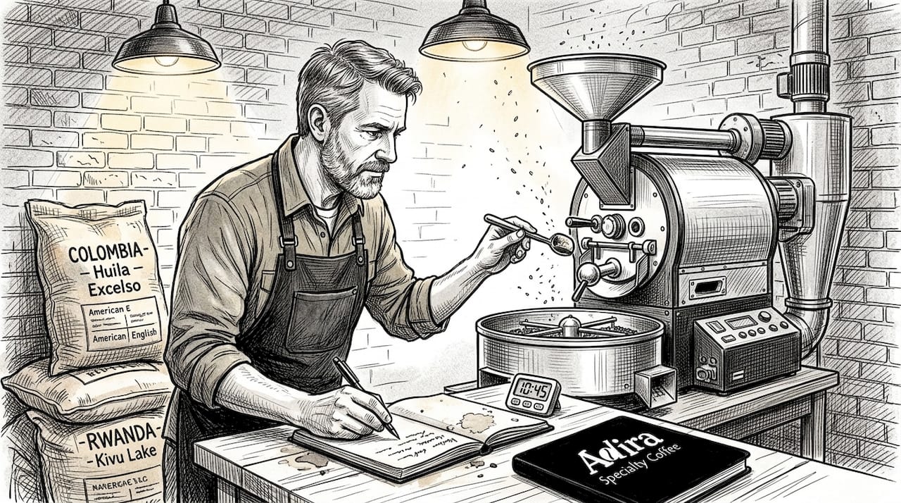 Roaster checking small batch coffee machine
