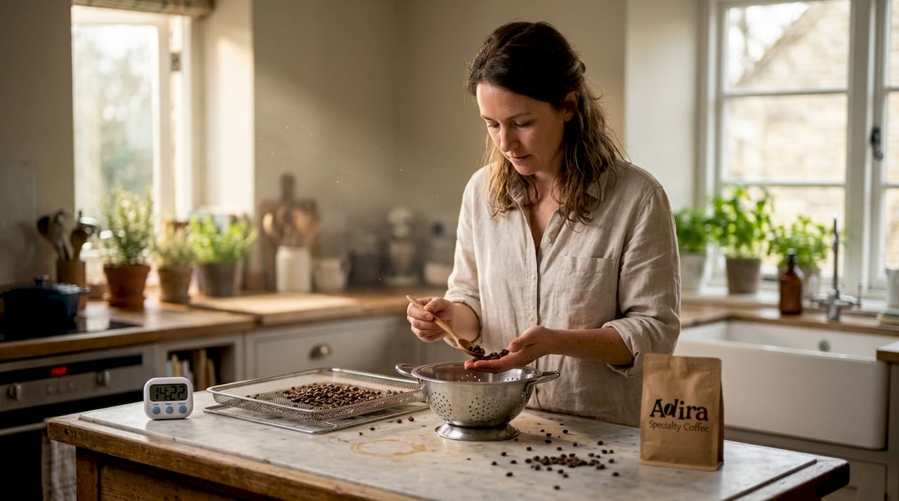 Woman inspecting freshly roasted coffee beans