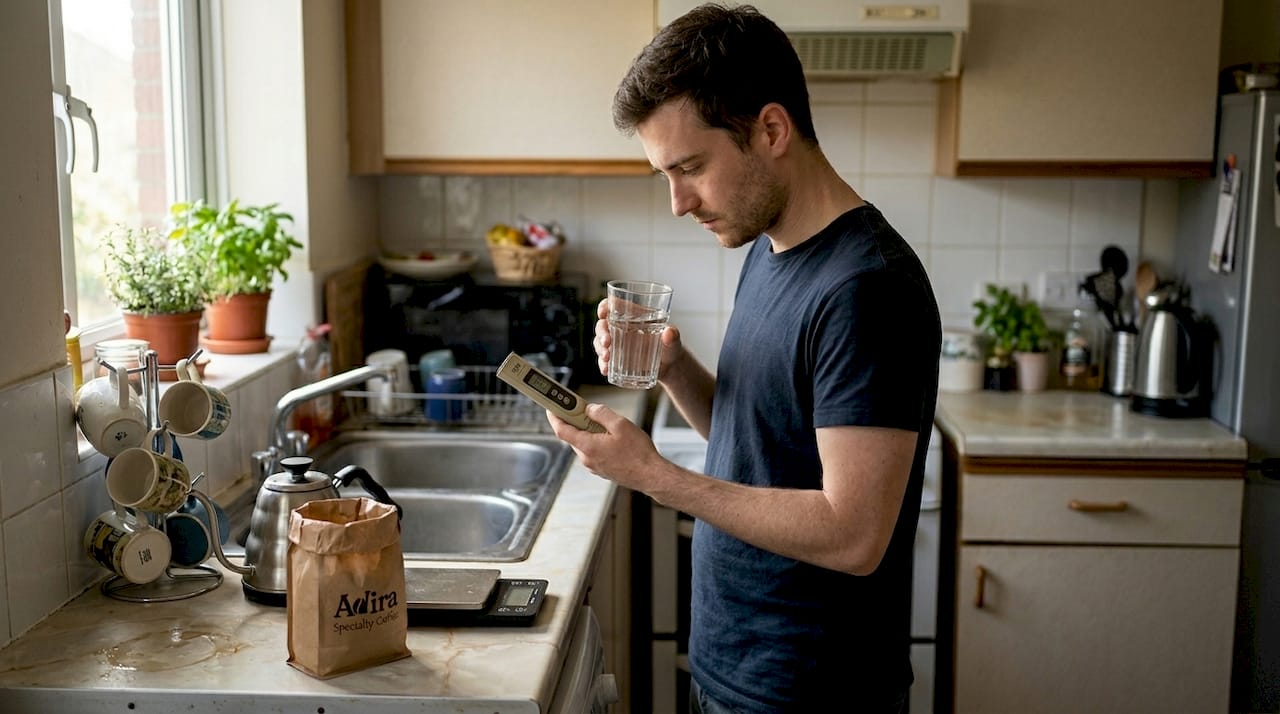 Person tests water quality for coffee brewing