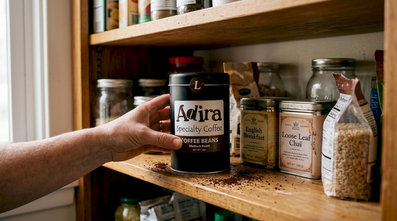 Hand placing coffee canister on pantry shelf