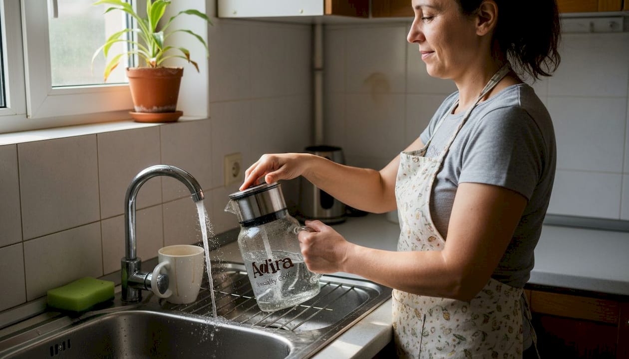 Жена налива прясно филтрирана вода в кана на кухненската мивка.