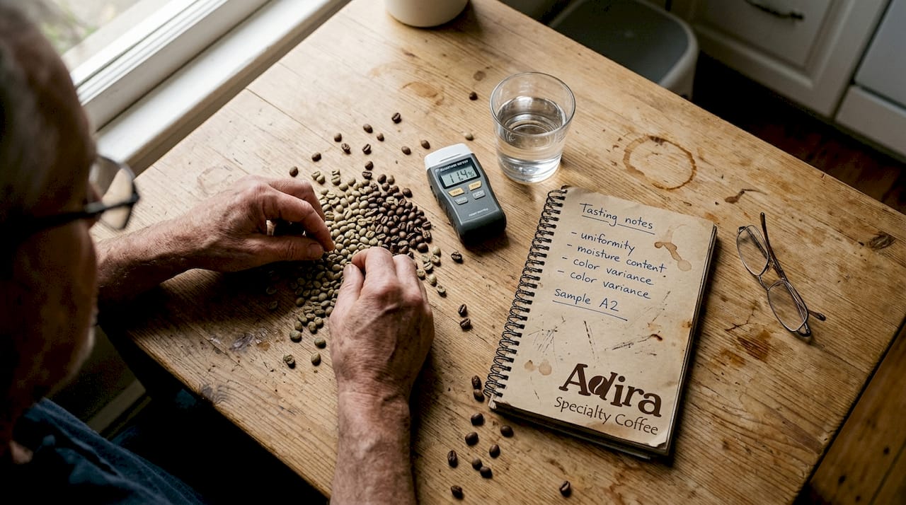 Hands testing coffee bean moisture at kitchen table