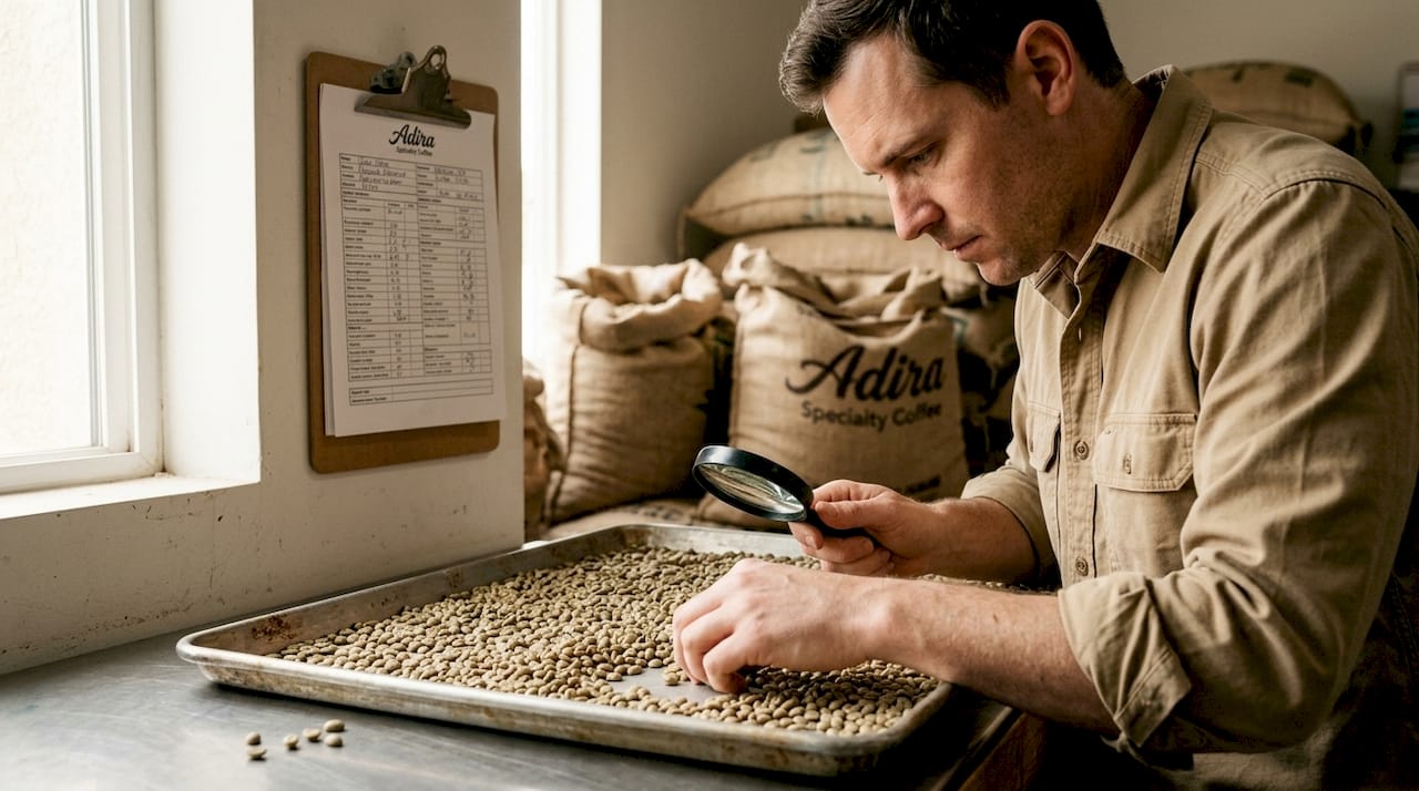 Inspector examines green coffee beans for defects