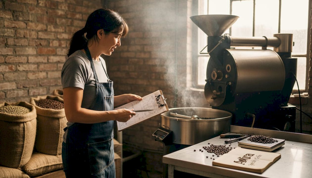 Coffee roaster adjusting drum roaster in workspace