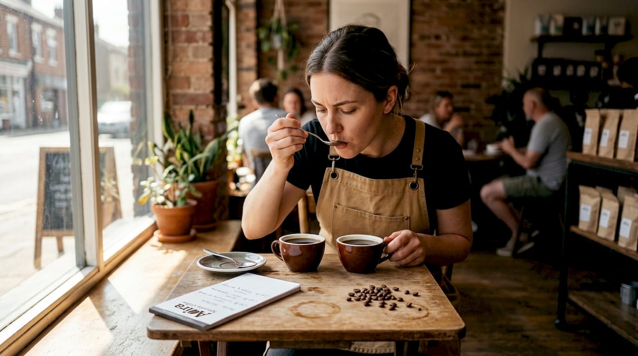 Barista tasting and comparing premium coffees
