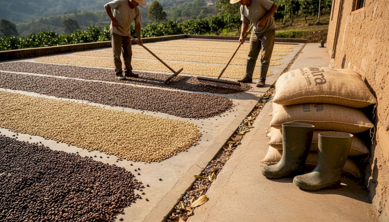 Workers turning coffee beans on drying patio